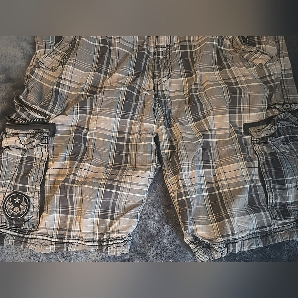 Affliction Black Premium Plaid Cargo Shorts Mens Sz 36 Multi-Pocket Y2K - Picture 6 of 12
